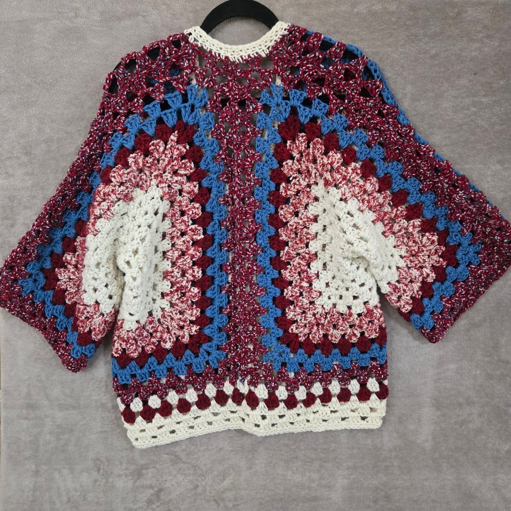 Crochet Cardigan Women Large Multicolor Granny Square Boho Hippie 70s Handmade - Picture 2 of 5